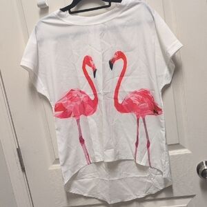 White T-Shirt with Pink Flamingo Print